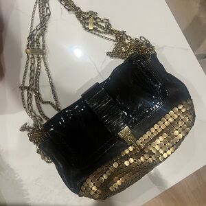 Lanvin Paris Black Leather and Gold Chain Shoulder Bag